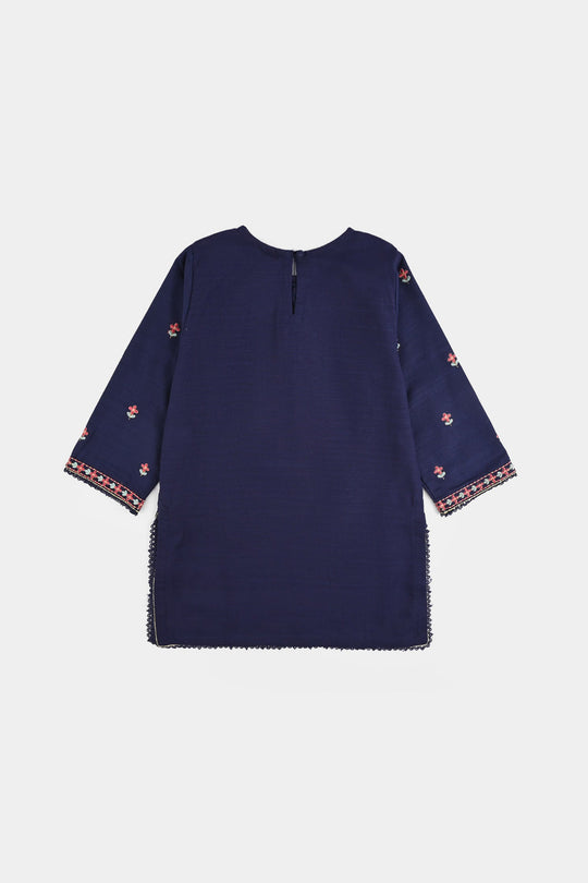 Girls Cotton Slub Embroidered 2Pcs - Navy Blue