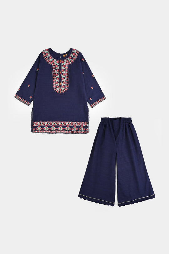 Girls Cotton Slub Embroidered 2Pcs - Navy Blue