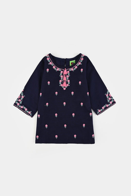 Infant Girls Cotton Slub Emb 2Pcs Amal-Navy Blue