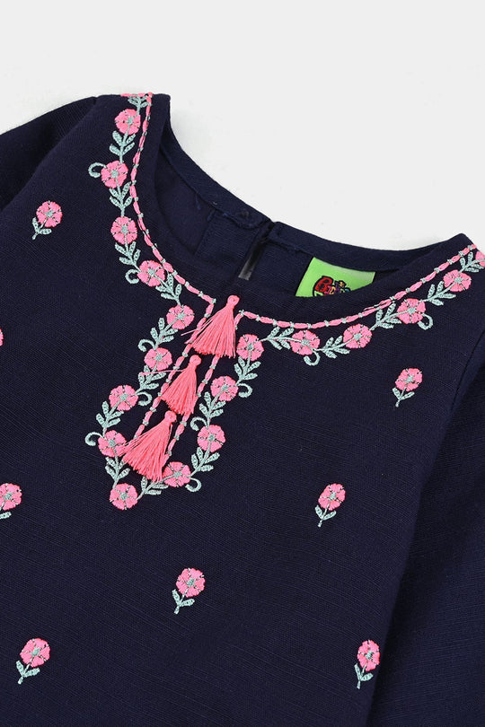 Infant Girls Cotton Slub Emb 2Pcs Amal-Navy Blue