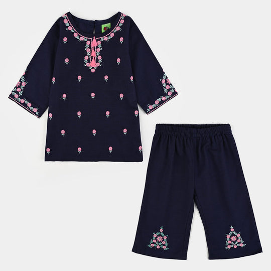 Infant Girls Cotton Slub Emb 2Pcs Amal-Navy Blue
