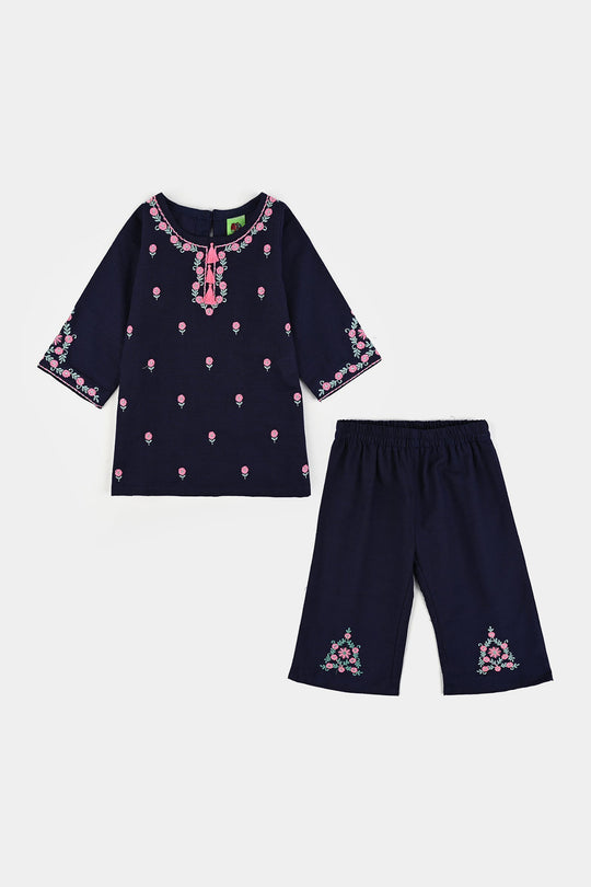 Infant Girls Cotton Slub Emb 2Pcs Amal-Navy Blue