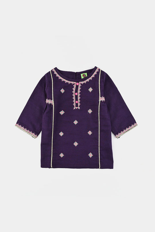 Infant Girls Cotton Slub Embroidered Kurti - Purple