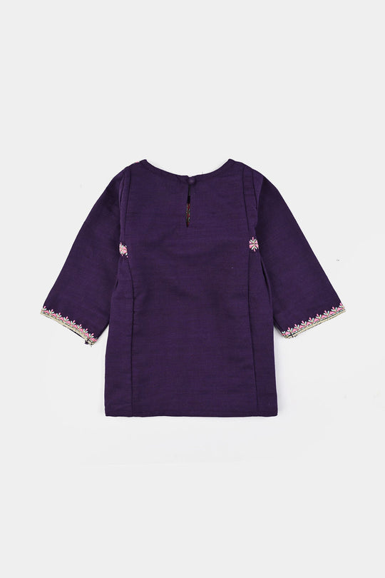 Infant Girls Cotton Slub Embroidered Kurti - Purple
