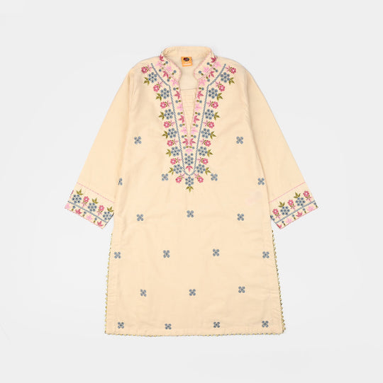 Girls Cotton Poplin Emb Kurti Chicken Kari-Cream