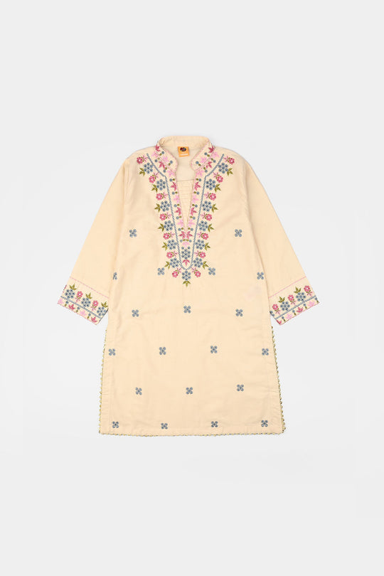 Girls Cotton Poplin Emb Kurti Chicken Kari-Cream