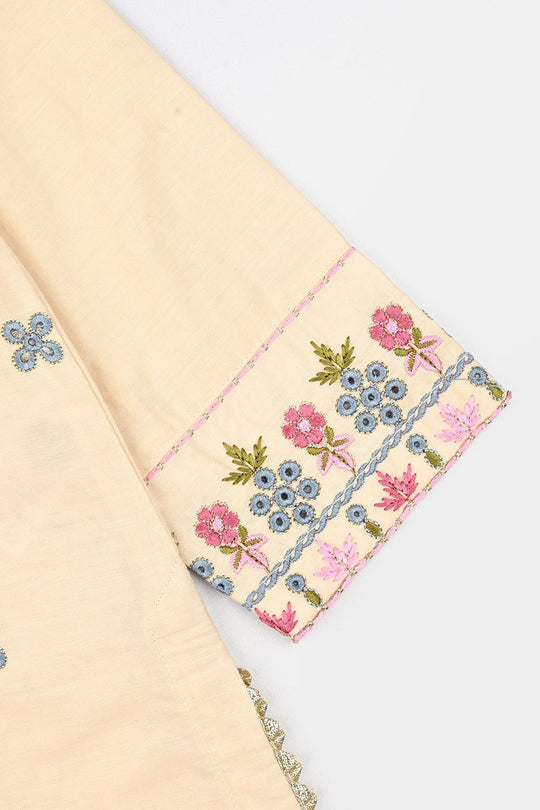 Girls Cotton Poplin Emb Kurti Chicken Kari-Cream