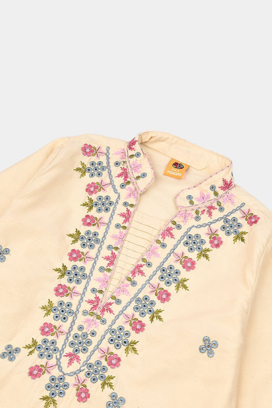 Girls Cotton Poplin Emb Kurti Chicken Kari-Cream
