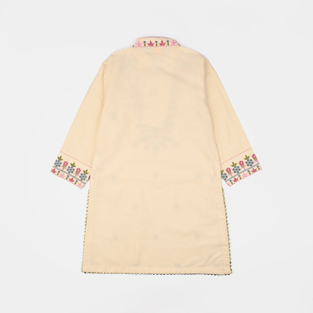 Girls Cotton Poplin Emb Kurti Chicken Kari-Cream