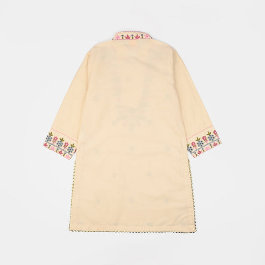 Girls Cotton Poplin Emb Kurti Chicken Kari-Cream