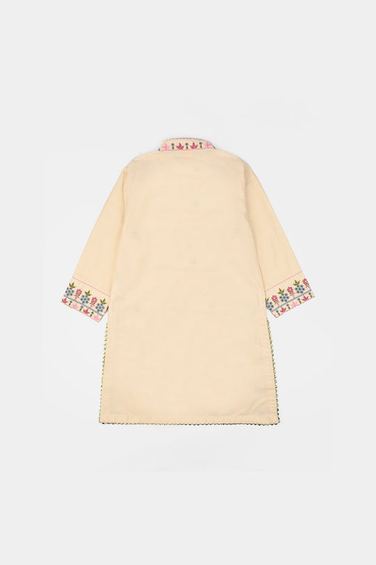 Girls Cotton Poplin Emb Kurti Chicken Kari-Cream
