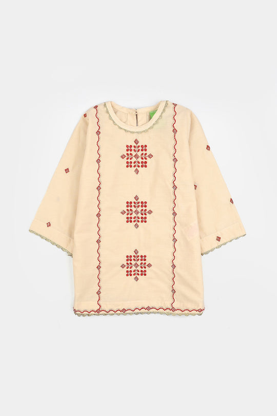 Infant Girls Cotton Poplin Emb 2Pcs Sehar-Cream