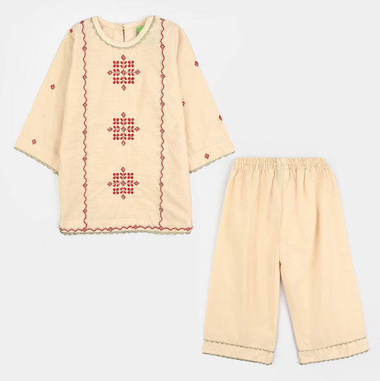 Infant Girls Cotton Poplin Emb 2Pcs Sehar-Cream