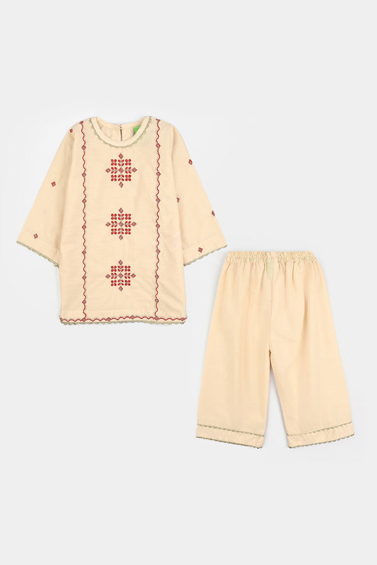 Infant Girls Cotton Poplin Emb 2Pcs Sehar-Cream