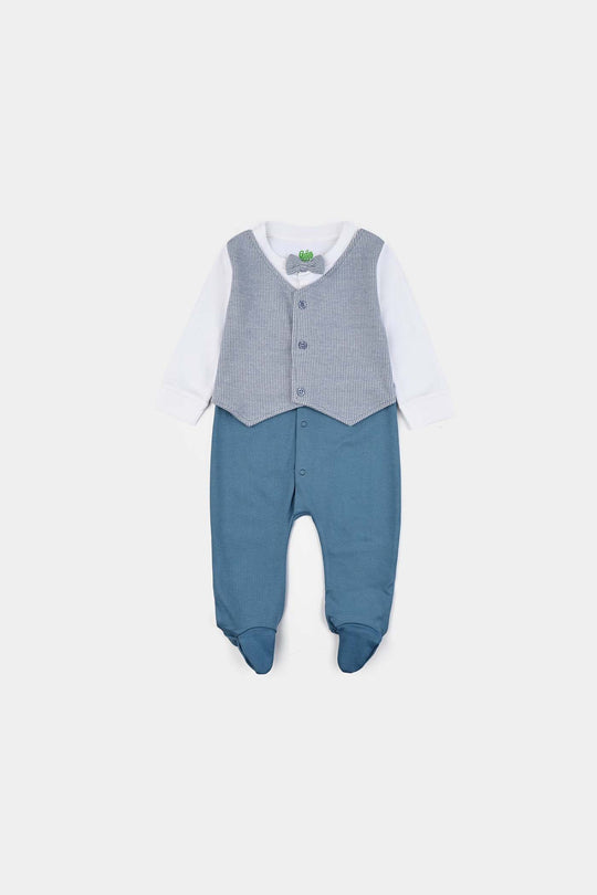 Infant Boys Cotton Interlock Romper Jacquard Coat Style-BLUE