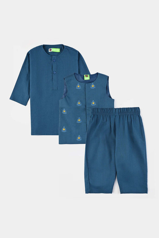 Infant Boys Cotton Slub 3Piece Suit (Puff Motif)-Teal