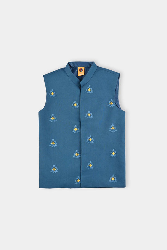 Boys Cotton Slub 3Piece Suit (Puff Motif)-Teal