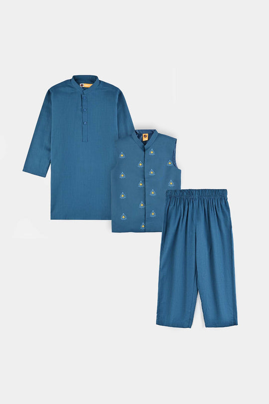 Boys Cotton Slub 3Piece Suit (Puff Motif)-Teal