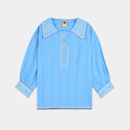 Girls Cotton Emb Top Fantasy-LT.Blue