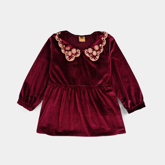 Girls Velvet Emb Top - Maroon