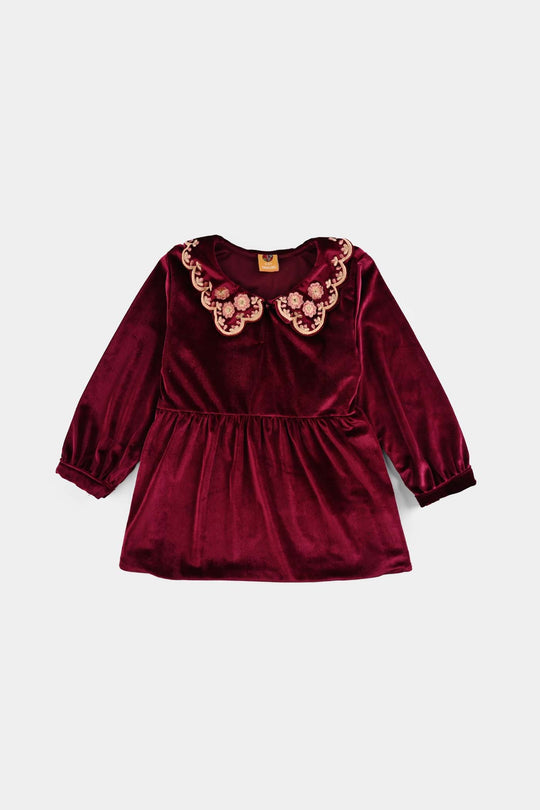 Girls Velvet Emb Top - Maroon
