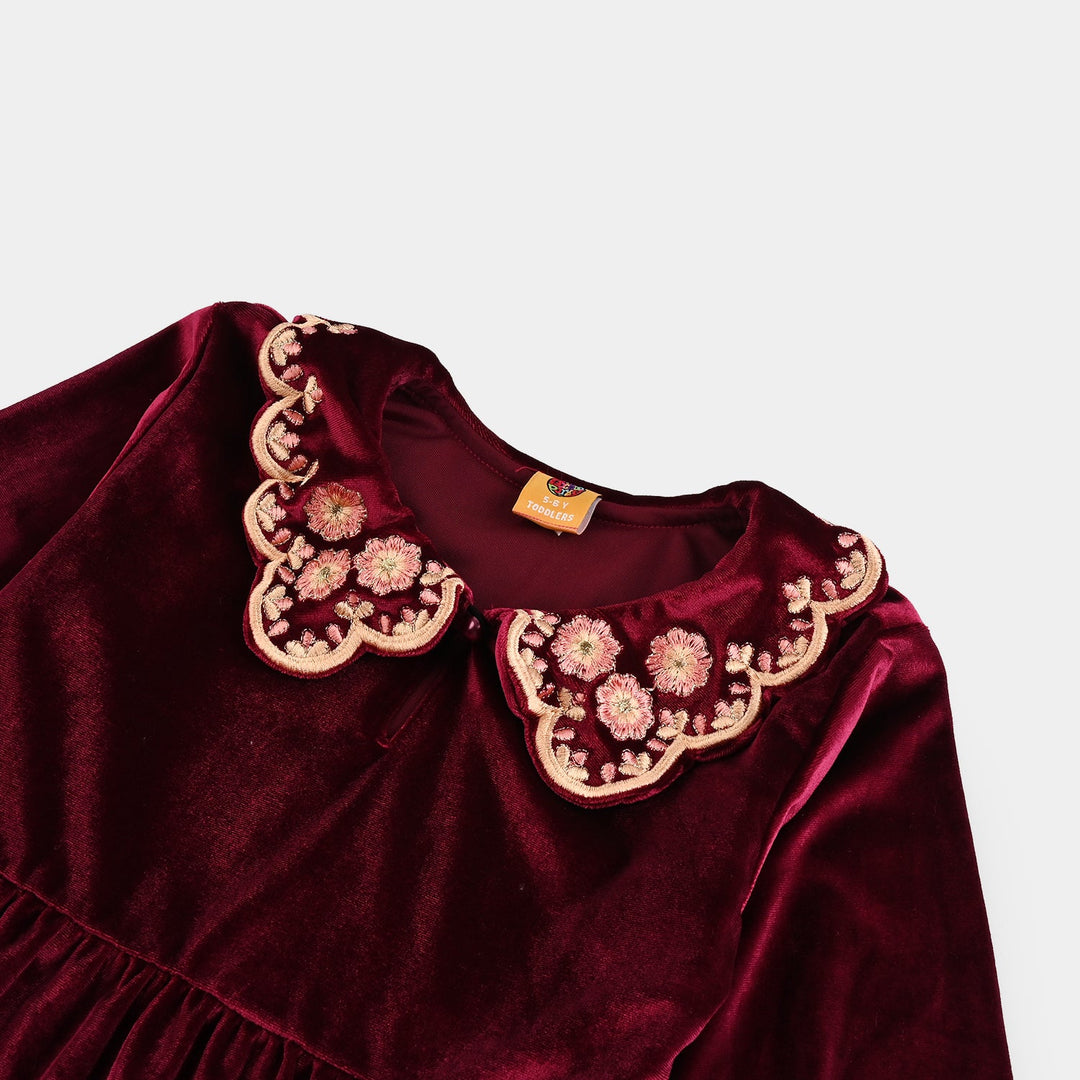 Girls Velvet Emb Top - Maroon