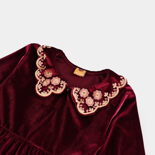 Girls Velvet Emb Top - Maroon
