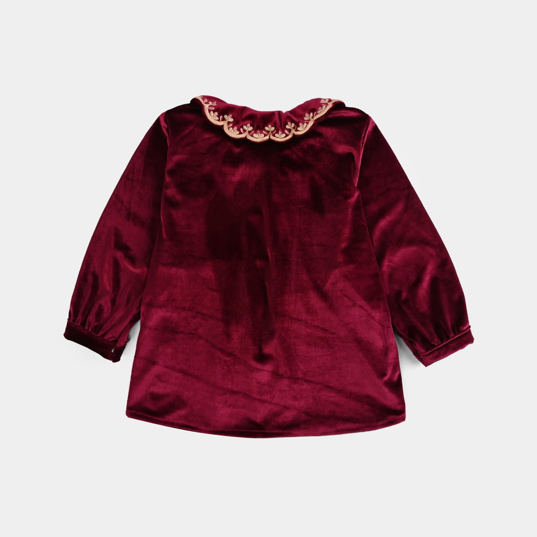 Girls Velvet Emb Top - Maroon