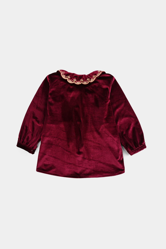 Girls Velvet Emb Top - Maroon