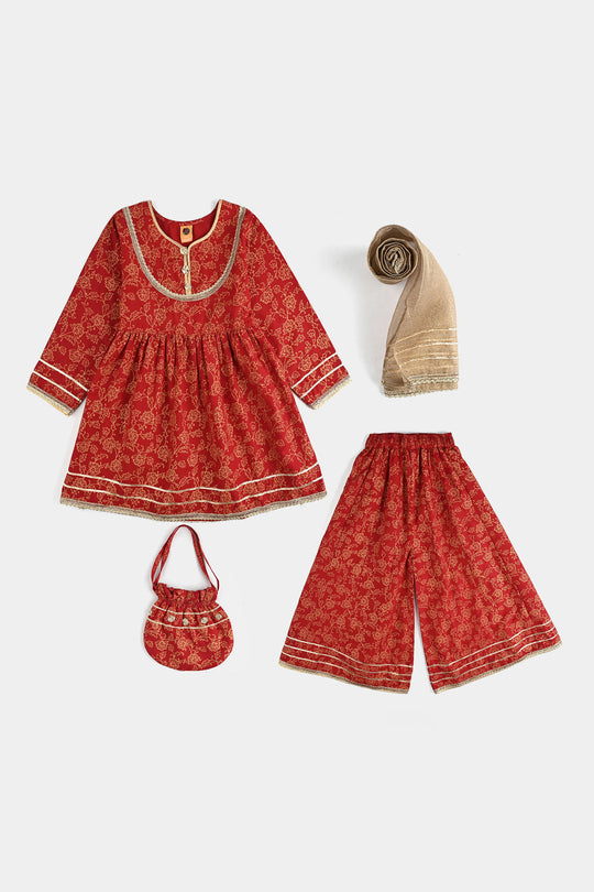 Girls Raw Silk 4PCs - Red