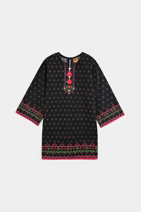Girls Cotton Printed Kurti - Black