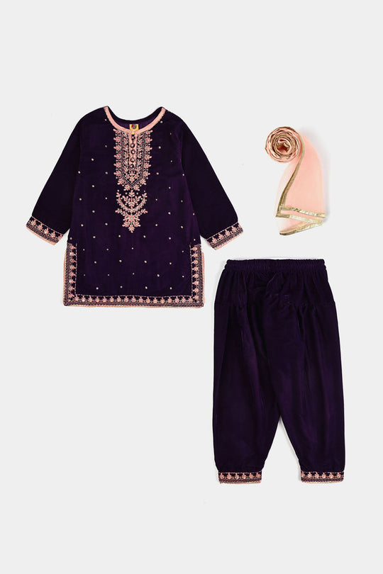 Girls Velvet 3Pcs Rani-Purple