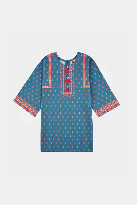 Girls Cotton Printed Kurti - Blue