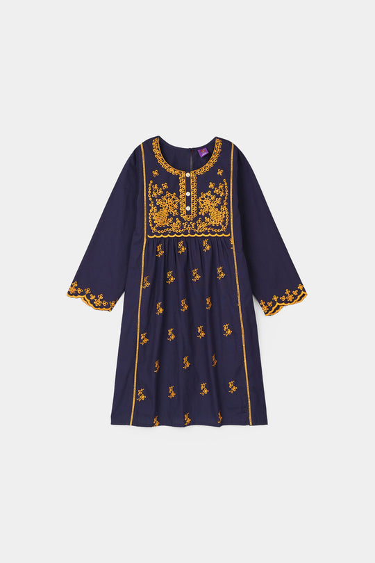 Girls Cotton Embroidered Kurti  - Navy Blue