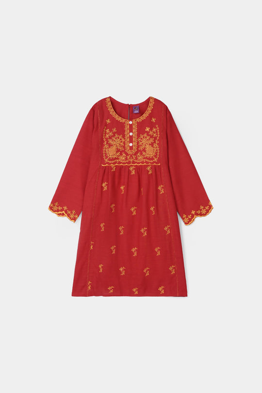 Girls Raw Silk Emb Kurti - Maroon