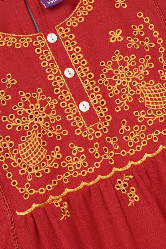 Girls Raw Silk Emb Kurti - Maroon