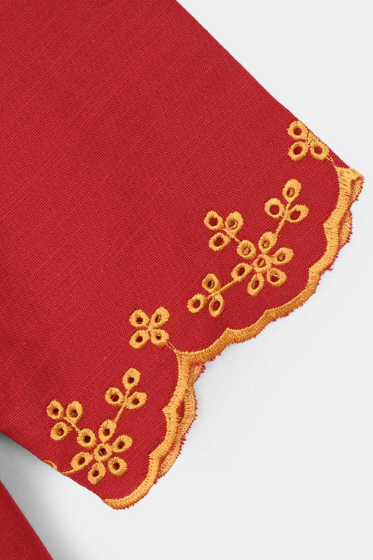 Girls Raw Silk Emb Kurti - Maroon