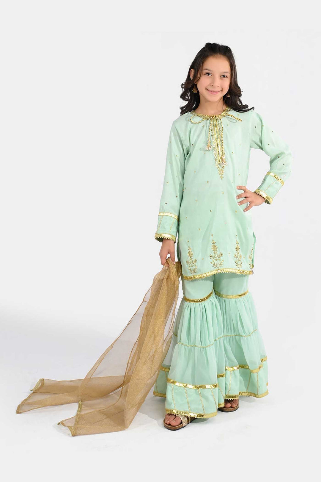 Girls Raw Silk 3-Piece Set (Chaman) - Mint Green