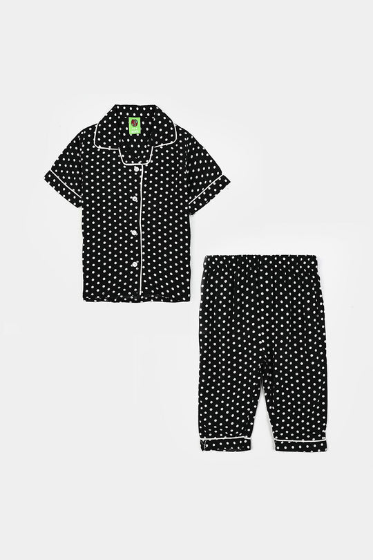 Infant Girls Viscose Night Suit - Polka Dot - Black