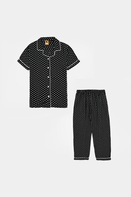 Girls Viscose Night Suit (Polka Dot) - Black