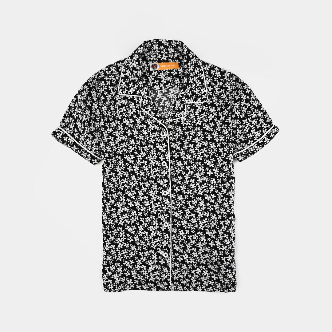 Girls Viscose Night Suit (White Floral) - Black