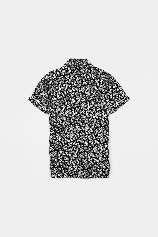 Girls Viscose Night Suit (White Floral) - Black