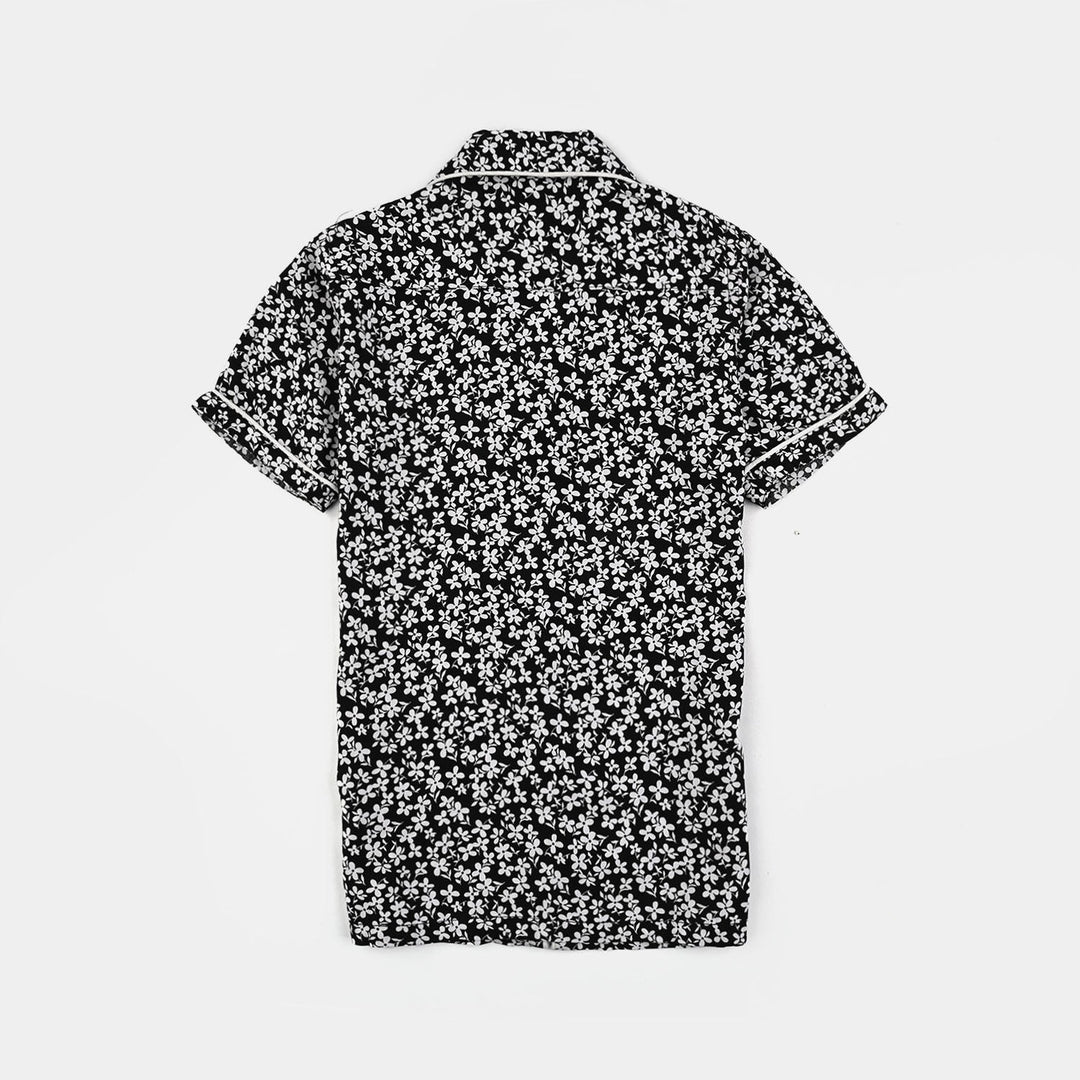 Girls Viscose Night Suit (White Floral) - Black
