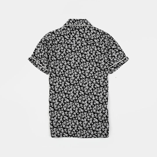 Girls Viscose Night Suit (White Floral) - Black