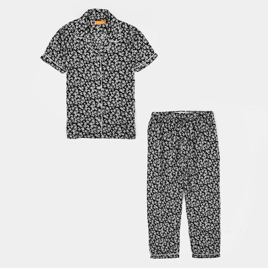 Girls Viscose Night Suit (White Floral) - Black