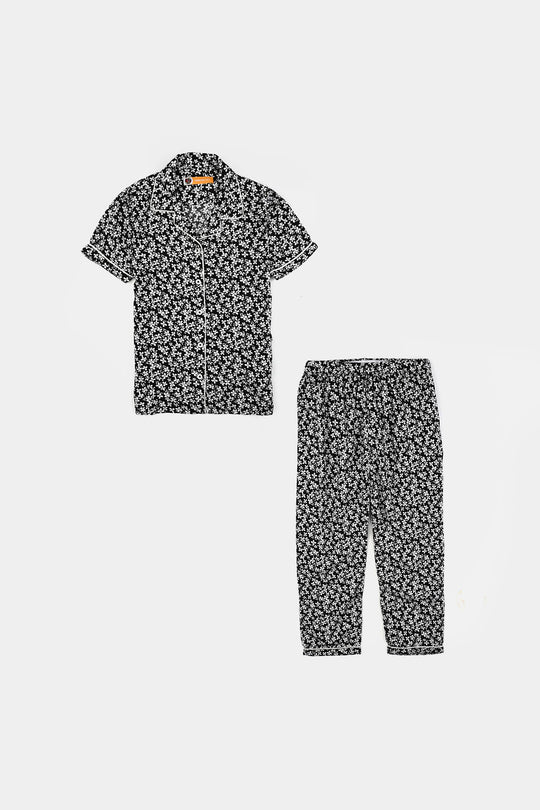 Girls Viscose Night Suit (White Floral) - Black