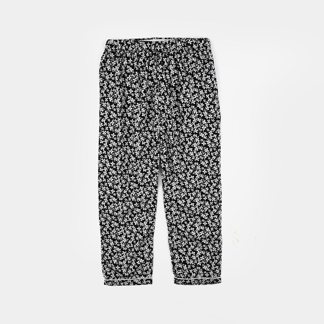 Girls Viscose Night Suit (White Floral) - Black