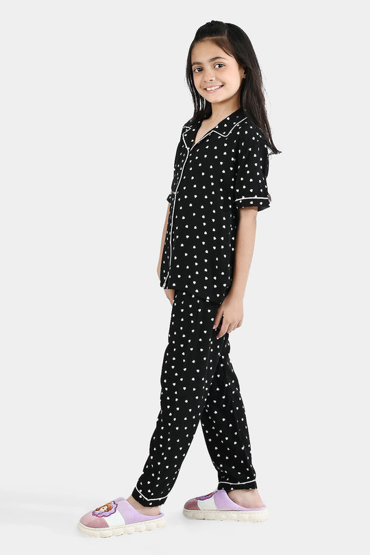 Girls Viscose Night Suit (Heart) - Black