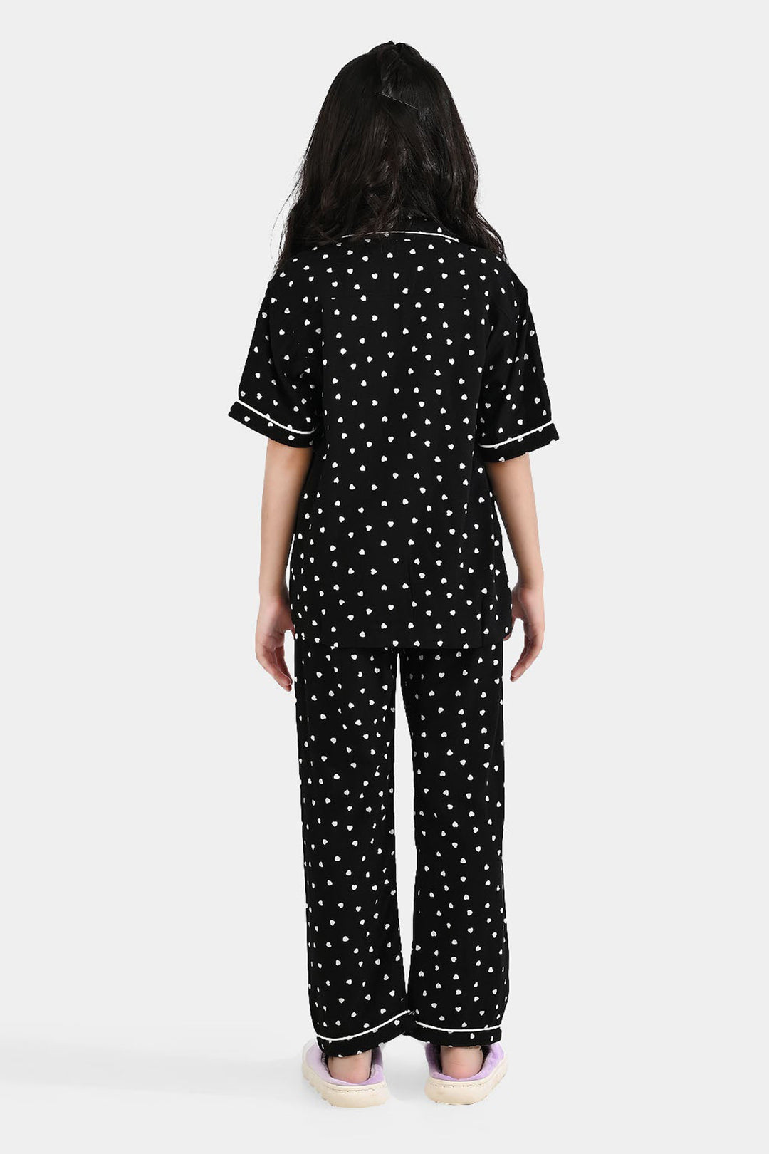Girls Viscose Night Suit (Heart) - Black