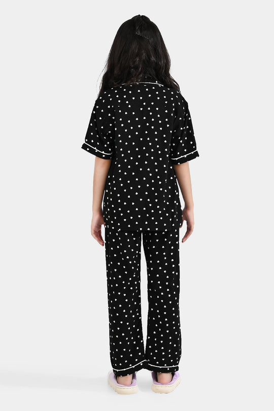 Girls Viscose Night Suit (Heart) - Black